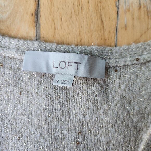 LOFT Gold Sparkle V-neck Sweater Cream/ Beige MEDIUM Puff Sleeve, Knit, Sequins - Picture 4 of 6